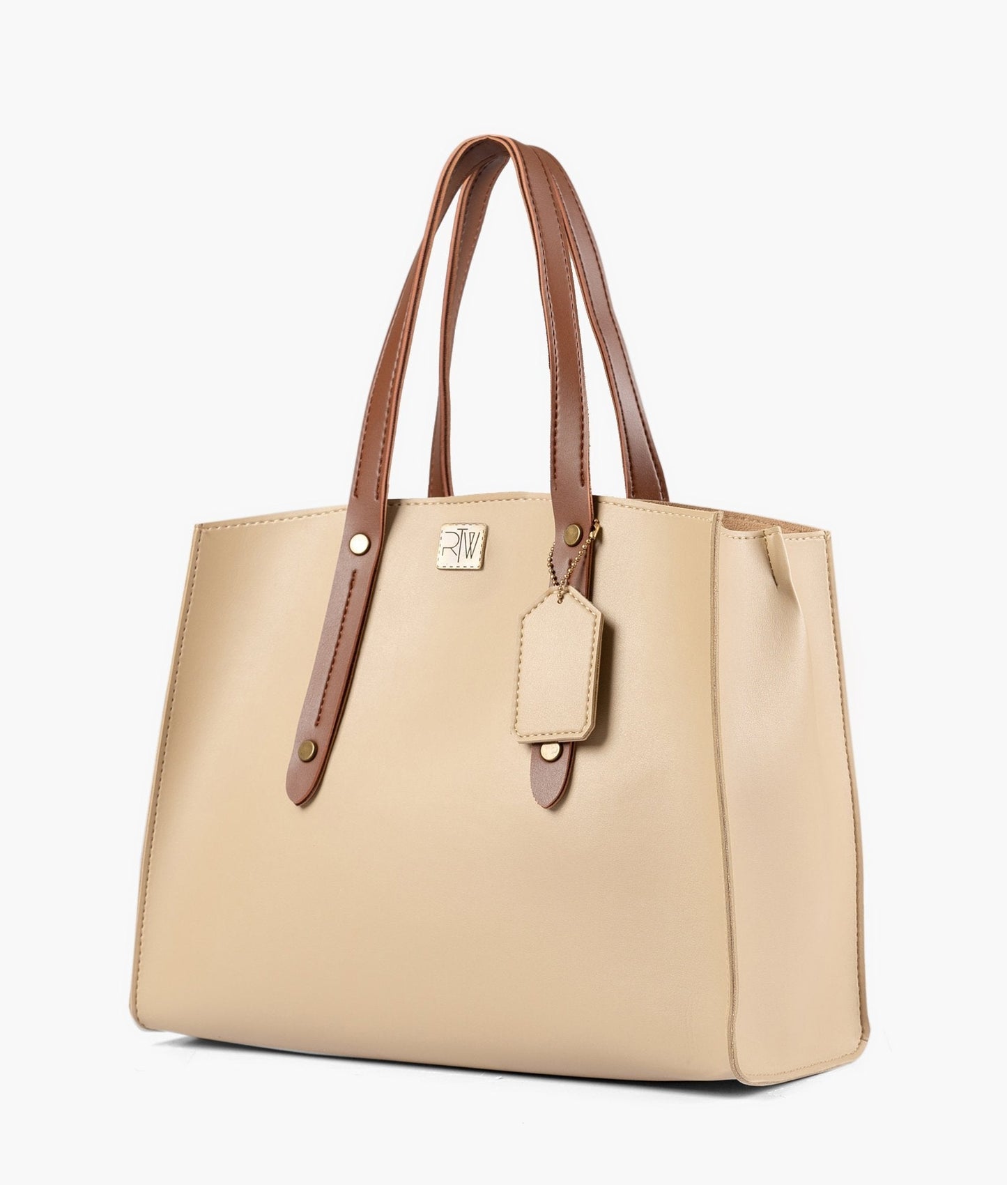 Off-white with brown multi compartment satchel bag
