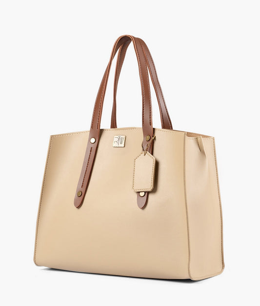 Off-white with brown multi compartment satchel bag
